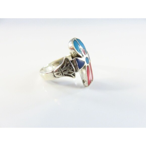 Vintage Ankh Ring With Red Blue Enamel Accent 800 Silver Mid Century 6.75 - Picture 10 of 11